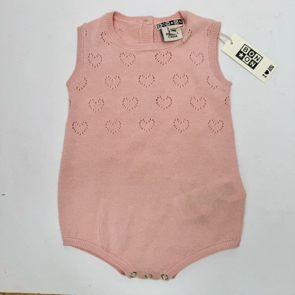 NWT BONTON Paris Pink Knit Pointelle Heart Romper One Piece 3M